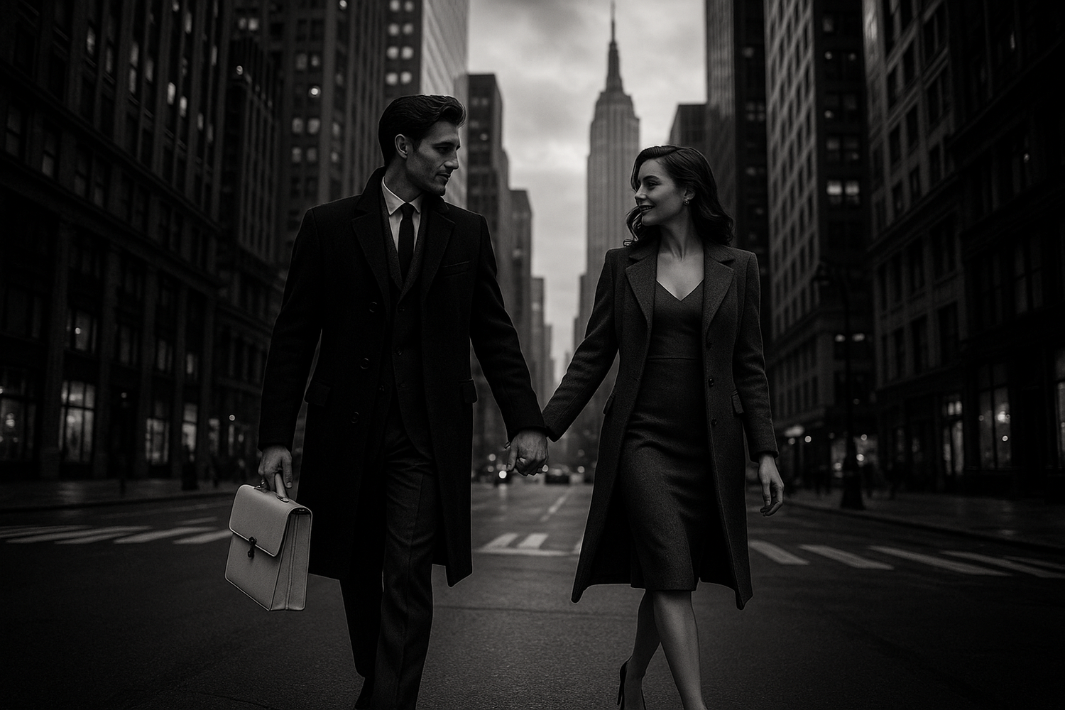Locație: New York, zgârie-nori pe fundal, atmosferă cinematică.
Stil: alb-negru, contrast premium.
El: pantaloni închiși (puțin spre gri), maletă albă cu guler înalt, palton negru elegant; 
Ea: rochie + palton elegant, pantofi cu toc, ținută de mână de către el.
Acțiune: amândoi se plimba 
Vibe: cinematic, editorial fashion, luxury, romantic
