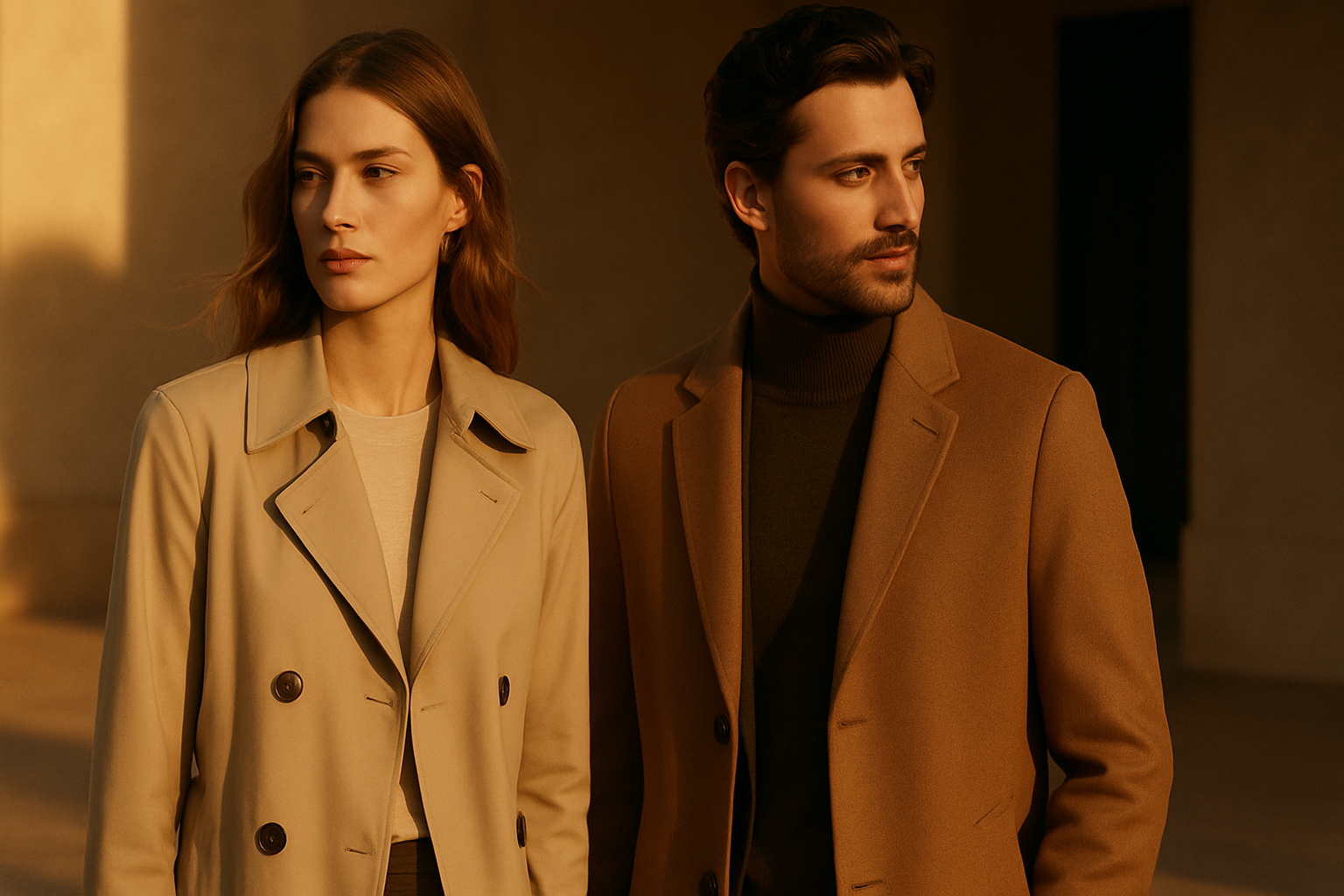 Stil: editorial de modă (Zara / Massimo vibe).
Sezon: toamnă (trenci bej, palton, culori calde).
Protagoniști: o femeie și un bărbat, stil minimalist, premium.
Compoziție: fotografie cinematică, atmosferă caldă, orientare wide (16:9) pentru Hero Banner.
Fără scris, doar imaginea curată.
Îți generez acum imaginea?